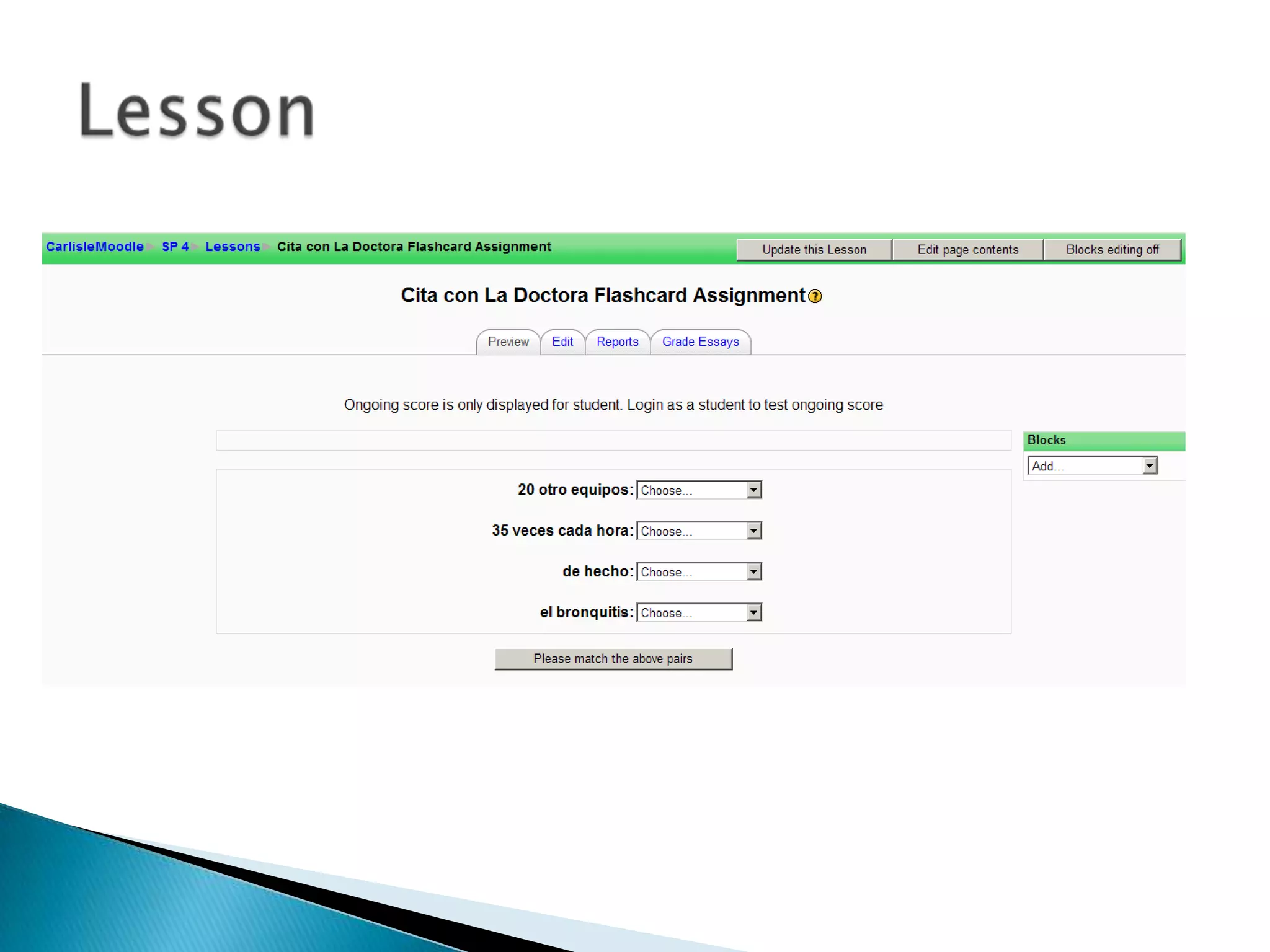 The Moodle glossary module enables teachers to create their own, course and subject specific glossaries for their course. With the glossary tool, you can create and maintain a list of definitions, like a dictionary. Glossaries can also contain file attachments, e.g., pictures, sound clips, video files, etc. The entries can be searched or browsed in many different formats. With the Glossary auto linking feature, all references to terms defined in the glossary will be highlighted. Clicking on the highlighted term will bring up the respective glossary definition.A Moodle course consist of a main glossary and one or more secondaryglossaries. Only teachers can edit the main glossary. Secondary glossariesmay be configured to allow students to add entries to these secondaryglossaries. The advantage of using Moodle is that students can create glossary entries, display images, and comment on the entries of their peers.Glossary