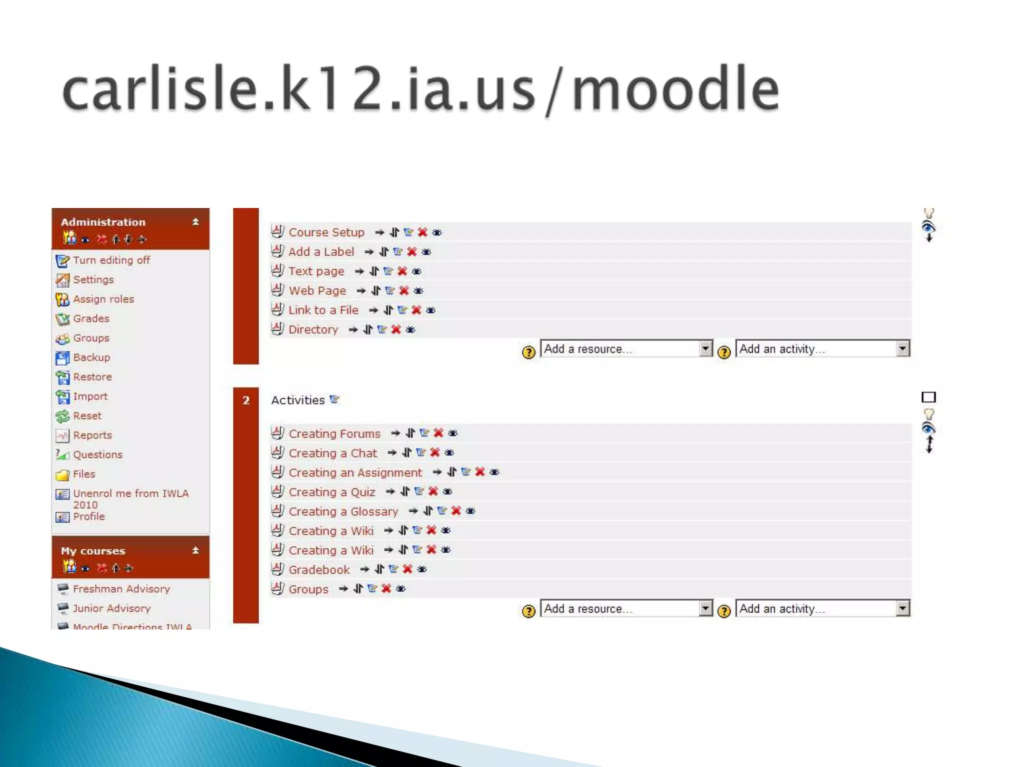 The Moodle grading system provides a very flexible tool for tracking student scores in your course. You can use it for scored activities both in the classroom and in Moodle. The Moodle Gradebook is the primary tool for recording scores and calculating grades.Each time you create a graded activity from the “Add an Activity” menu in your course, a new grade item is added to the grade book automatically. As the student completes a graded activity, their scores will be entered in the   grade book.To view grades, go to your course homepage and click the Grades link in the Administration block.Grades