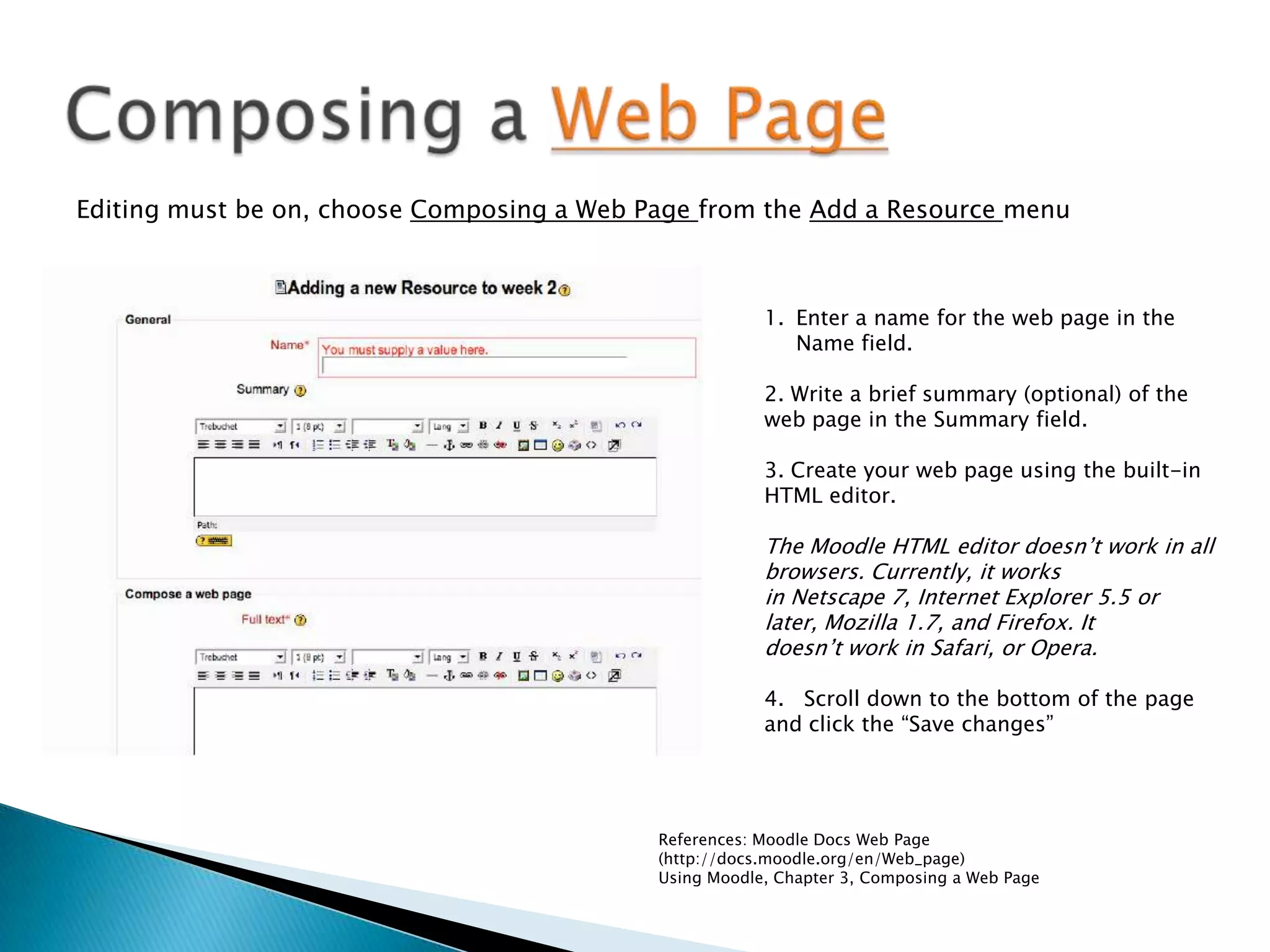 After your course shell has been created (administrator), the next thing you will want to do is to populate your course with content.First, you need to log in and turn editing on.With editing turned on the sections expand and you have icons for editing options displayed next to all editable objects in the course.The following is an explanation for these editing symbols:	· Hand/pencil:	Allows you to Edit the activities properties	· Up/Down arrows:	Moves activity up or down in relation to other 			activities	· Left arrow:		Indents activity  	· X:			Deletes activity	· Eye:		Hides/shows activity from/to studentsSetting up your course