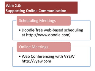 Web 2.0:
Supporting Online Communication

      Scheduling Meetings

      • Doodle(free web-based scheduling
        at http://www.doodle.com)

      Online Meetings

      • Web Conferencing with VYEW
        http://vyew.com
 