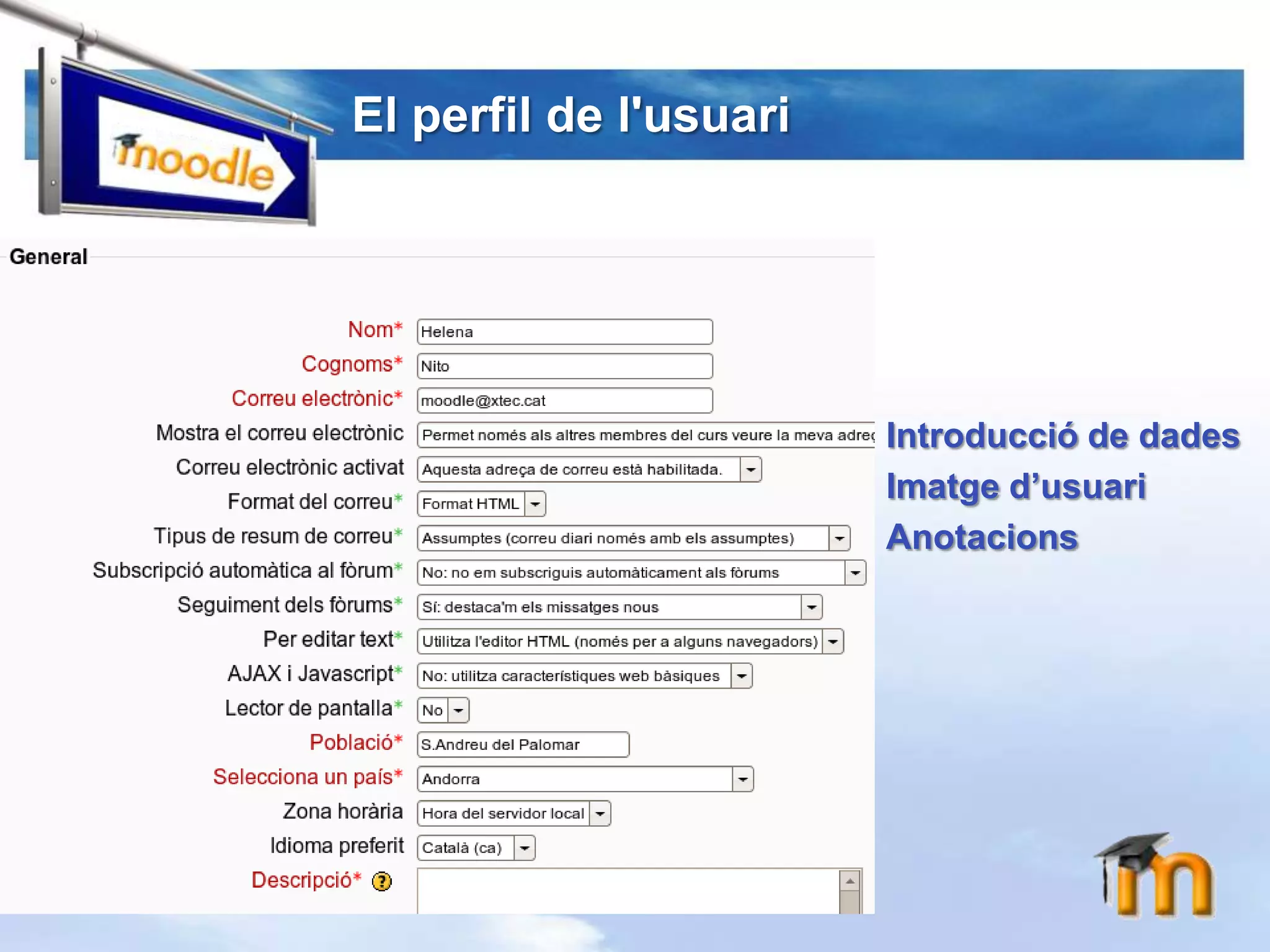 El perfil de l'usuariIntroducció de dadesImatged’usuariAnotacions