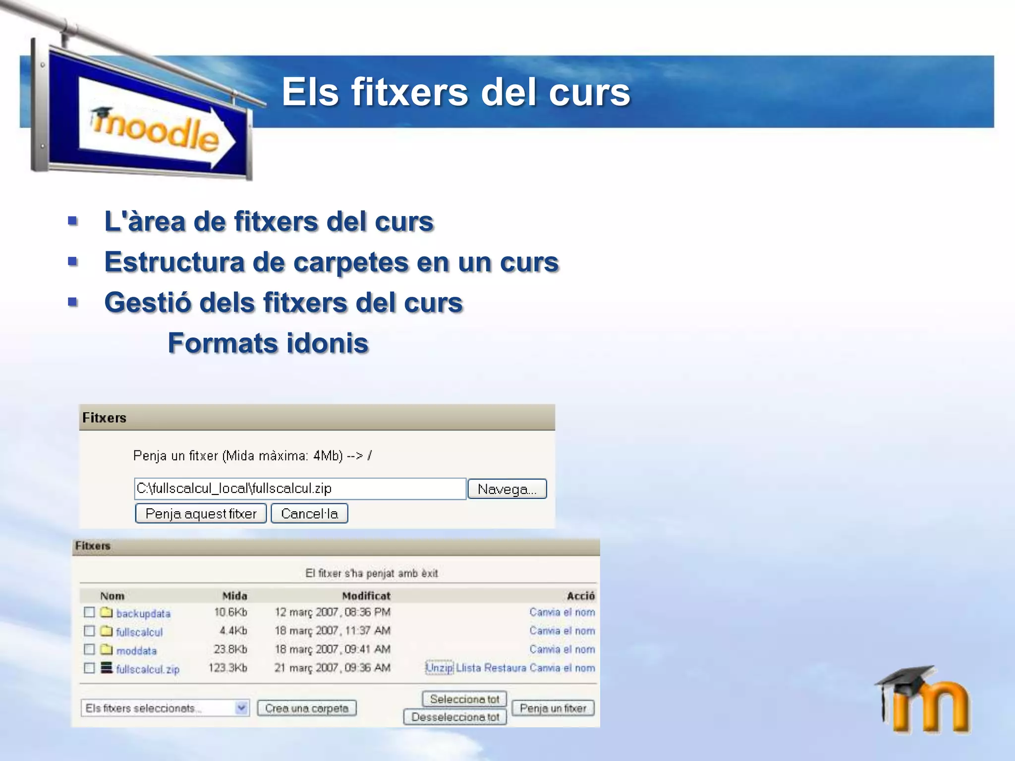 Els fitxers del cursL'àrea de fitxers del cursEstructura de carpetes en un cursGestió dels fitxers del curs		Formats idonis