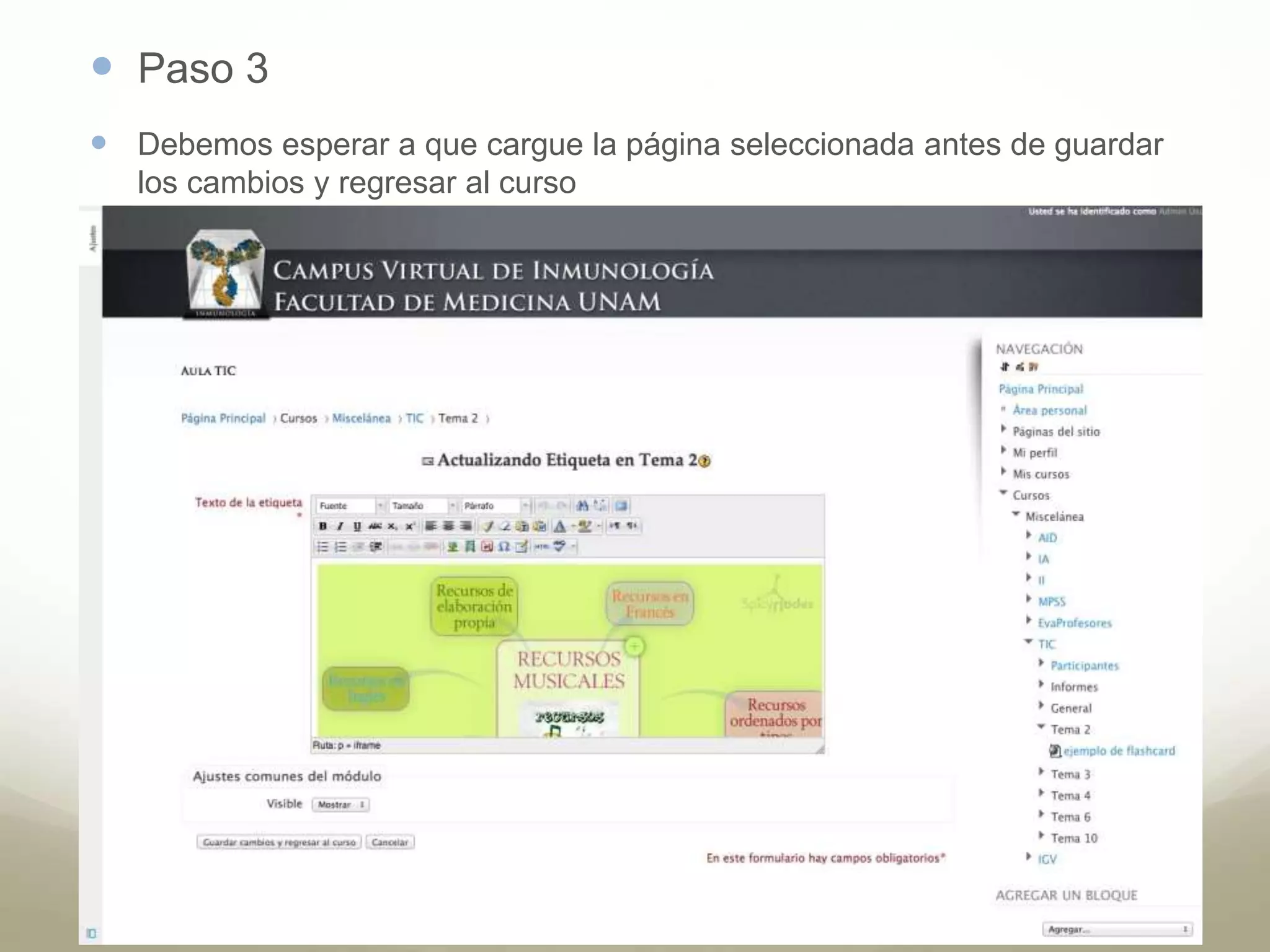  Paso 3 
 Debemos esperar a que cargue la página seleccionada antes de guardar 
los cambios y regresar al curso 
 