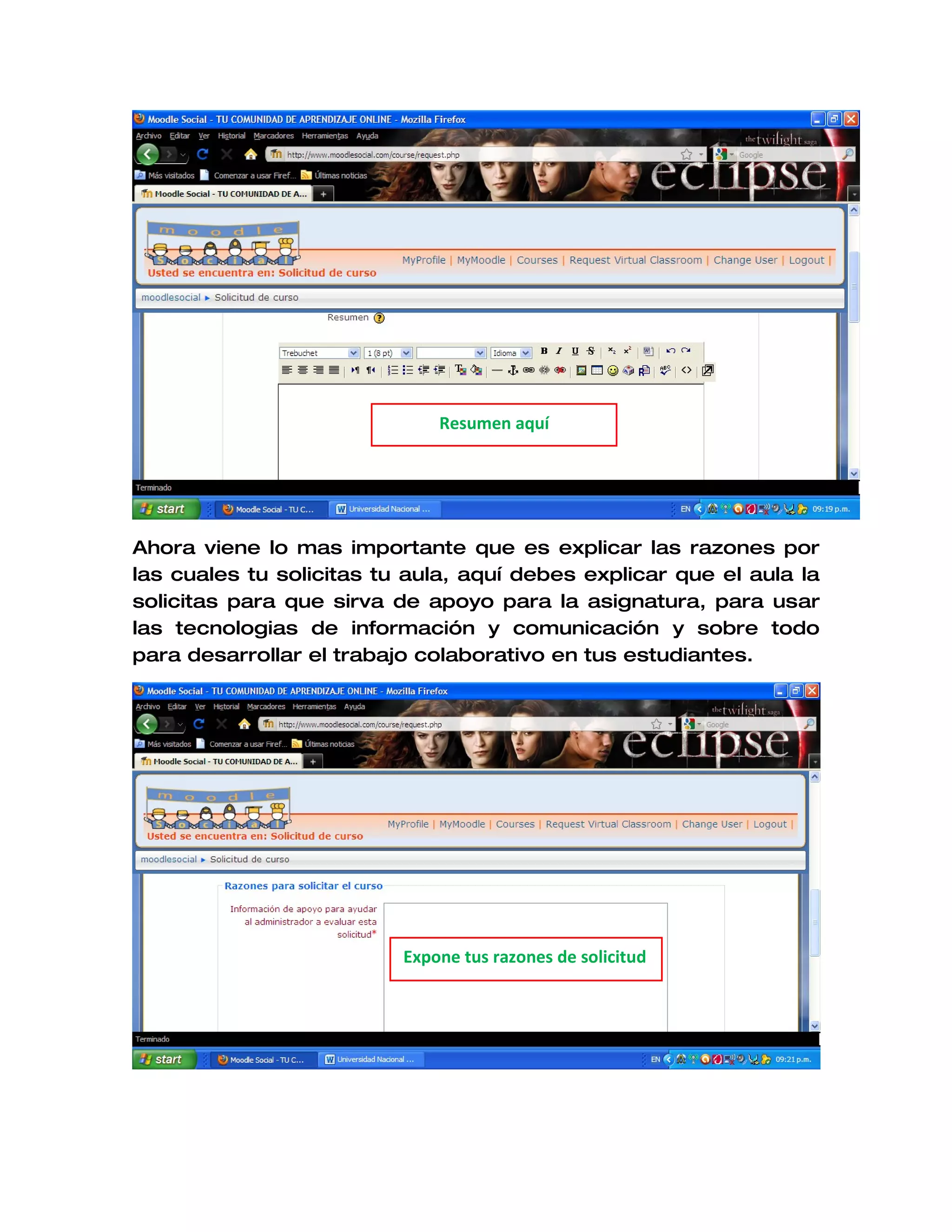 Resumen aquí




Ahora viene lo mas importante que es explicar las razones por
las cuales tu solicitas tu aula, aquí debes explicar que el aula la
solicitas para que sirva de apoyo para la asignatura, para usar
las tecnologias de información y comunicación y sobre todo
para desarrollar el trabajo colaborativo en tus estudiantes.




                          Expone tus razones de solicitud
                          aquí
 