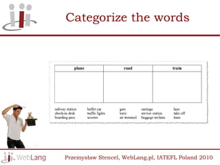 Categorize the words




Przemysław Stencel, WebLang.pl, IATEFL Poland 2010
 
