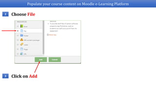 Populate your course content on Moodle e-Learning Platform
Choose File2
Click on Add3
 