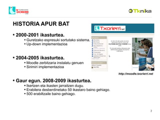 HISTORIA APUR BAT 2000-2001 ikasturtea. 2004-2005 ikasturtea. Gaur egun. 2008-2009 ikasturtea. Guretzako espresuki sortutako sistema. Up-down implementazioa Moodle zerbitzaria instalatu genuen Sirimiri implementazioa Ikertzen eta ikasten jarraitzen dugu. Erabilera desberdinetako 50 ikastaro baino gehiago. 500 erabiltzaile baino gehiago. http://moodle.txorierri.net 