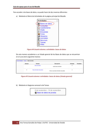 Guía de apoyo para el uso de Moodle
62 Ana Teresa González de Felipe | EUITIO - Universidad de Oviedo
Para acceder a las bases de datos, se puede hacer de dos maneras diferentes:
a) Mediante el Menú de Actividades de la página principal de Moodle
Figura 44 Usuario alumno: actividades- bases de datos
De esta manera accedemos a un listado general de las Bases de datos que se encuentran
en el curso de la siguiente manera:
Figura 45 Usuario alumno: actividades- bases de datos (listado general)
b) Mediante el diagrama semanal o de Tareas
 