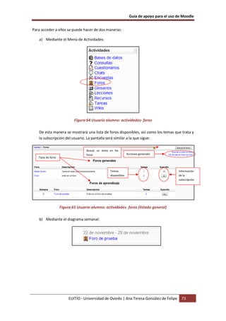 Guía de apoyo para el uso de Moodle
EUITIO - Universidad de Oviedo | Ana Teresa González de Felipe 73
Para acceder a ellos se puede hacer de dos maneras:
a) Mediante el Menú de Actividades:
Figura 64 Usuario alumno: actividades- foros
De esta manera se mostrará una lista de foros disponibles, así como los temas que trata y
la subscripción del usuario. La pantalla será similar a la que sigue:
Figura 65 Usuario alumno: actividades- foros (listado general)
b) Mediante el diagrama semanal:
Acciones generales
Buscar un tema en los
foros
Temas
disponibles
Información
de la
subscripción
Tipos de foros
 