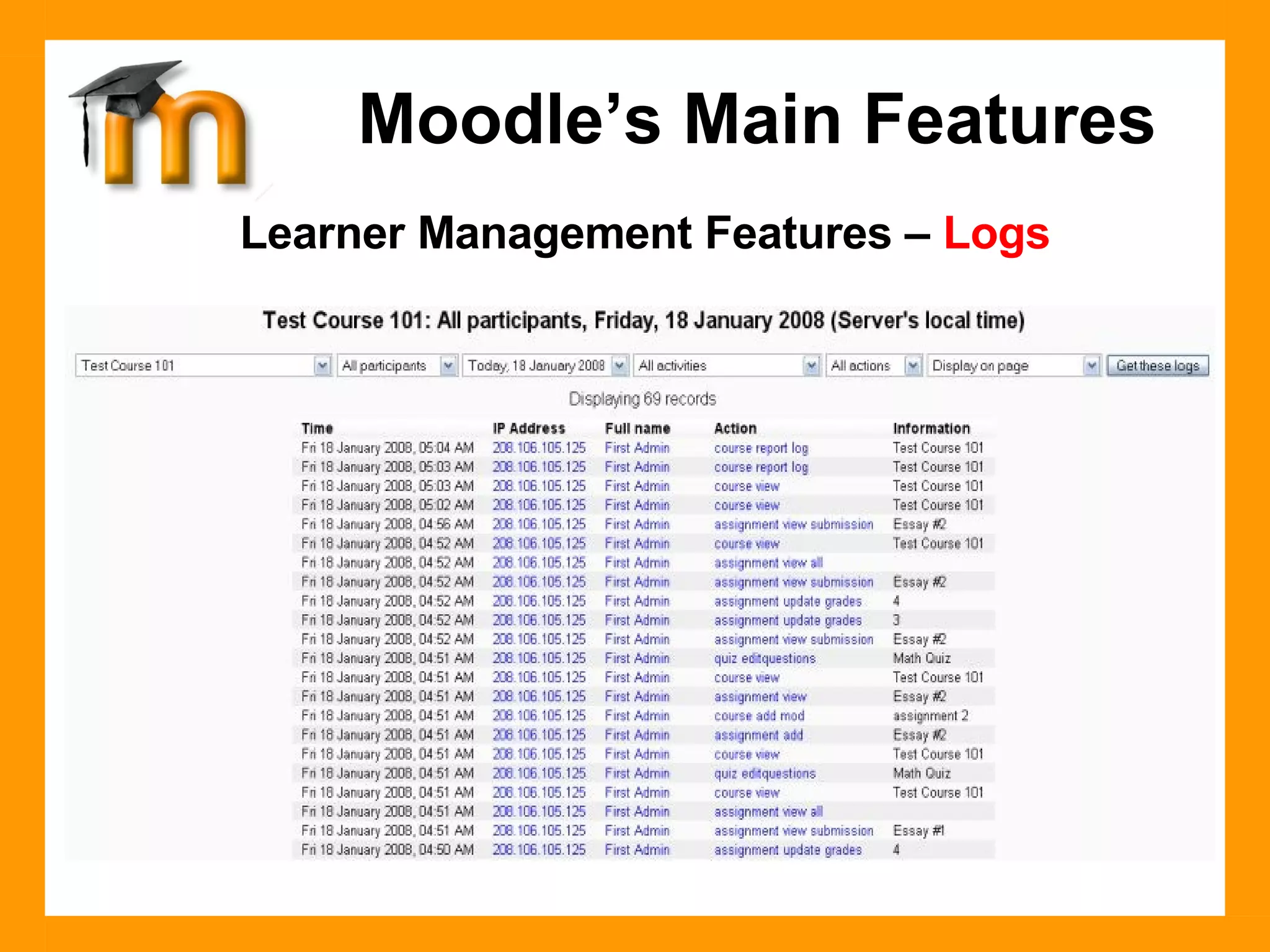 Learner Management Features –  Logs Monitor when and what course resources the learner has accessed.  Moodle's Logs provide detailed learner activity. Moodle’s Main Features 