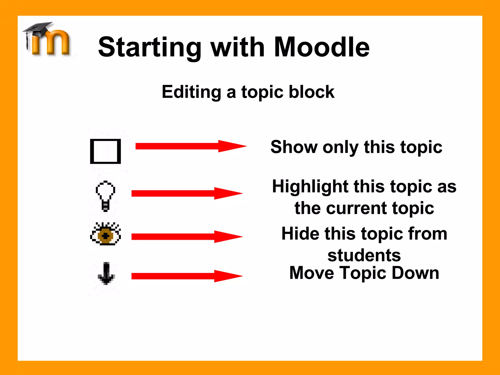 Editing a topic block Show only this topic Highlight this topic as the current topic Hide this topic from students Move Topic Down Starting with Moodle 