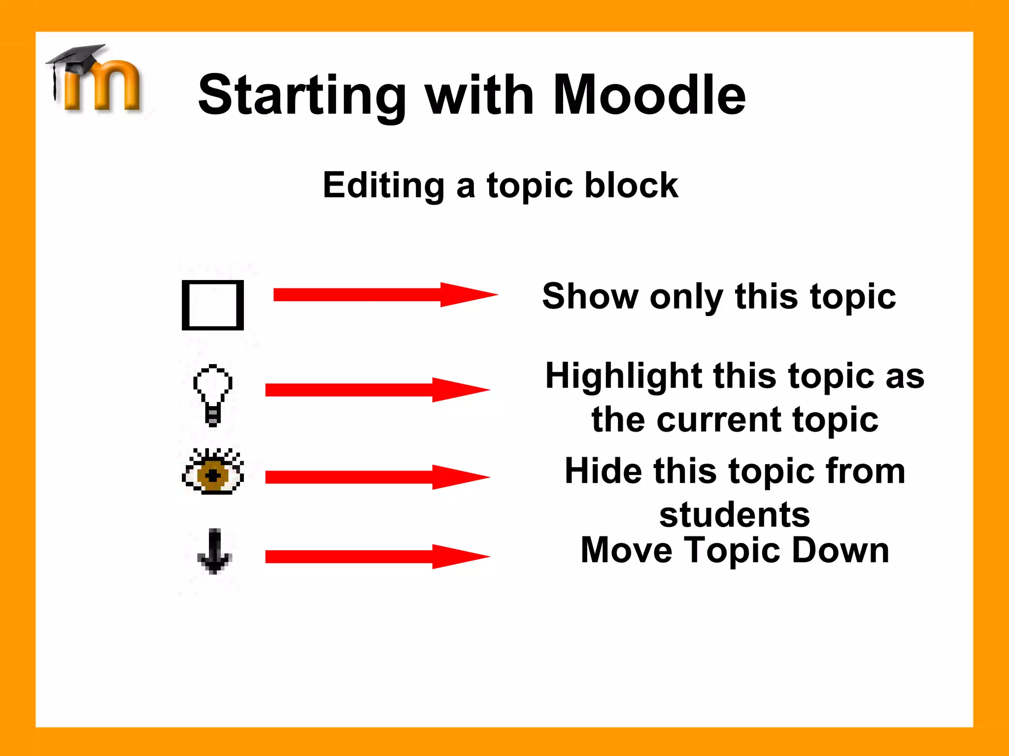 Editing a topic block Show only this topic Highlight this topic as the current topic Hide this topic from students Move Topic Down Starting with Moodle 