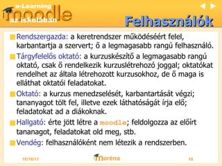 Felhasználók Rendszergazda:  a keretrendszer működéséért felel, karbantartja a szervert; ő a legmagasabb rangú felhasználó. Tárgyfelelős oktató:  a kurzuskészítő a legmagasabb rangú oktató, csak ő rendelkezik kurzuslétrehozó joggal; oktatókat rendelhet az általa létrehozott kurzusokhoz, de ő maga is elláthat oktatói feladatokat. Oktató:  a kurzus menedzselését, karbantartását végzi; tananyagot tölt fel, illetve ezek láthatóságát írja elő; feladatokat ad a diákoknak. Hallgató:  érte jött létre a  moodle ; feldolgozza az előírt tananagot, feladatokat old meg, stb. Vendég:  felhasználóként nem létezik a rendszerben.   