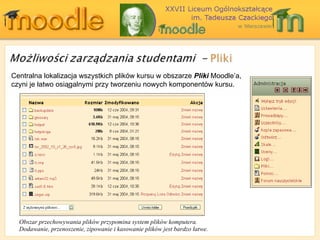 Centralna lokalizacja wszystkich plików kursu w obszarze  Pliki  Moodle’a, czyni je łatwo osiągalnymi przy tworzeniu nowych komponentów kursu. Obszar przechowywania plików przypomina system plików komputera. Dodawanie, przenoszenie, zipowanie i kasowanie plików jest bardzo łatwe. 