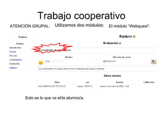 Trabajo cooperativo
Utilizamos dos módulos: El módulo “Webquest”:ATENCIÓN GRUPAL:
Esto es lo que ve el/la alumno/a.
 