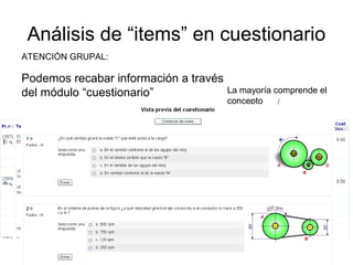 Análisis de “items” en cuestionario
Podemos recabar información a través
del módulo “cuestionario” La mayoría comprende el
concepto
ATENCIÓN GRUPAL:
 