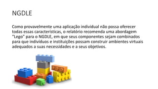 NGDLE
Como provavelmente uma aplicação individual não possa oferecer
todas essas características, o relatório recomenda uma abordagem
“Lego” para o NGDLE, em que seus componentes sejam combinados
para que indivíduos e instituições possam construir ambientes virtuais
adequados a suas necessidades e a seus objetivos.
 