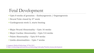 Fetal Development
 Upto 8 weeks of gestation – Embryogenesis / Organogenesis
 Neural Tube closed by 4th week
 Cardiogenesis week 3, starts beating
 Major Neural Abnormality – Upto 16 weeks
 Major Cardiac Abnormality – Upto 5-6 weeks
 Palate Abnormality – Upto 8-9 weeks
 Limbs abnormalities – Upto 7 weeks
1. Langman’s Medical Embryology, 13th Ed, 2015
2. https://embryology.med.unsw.edu.au/embryology/index.php/Timeline_human_development
 