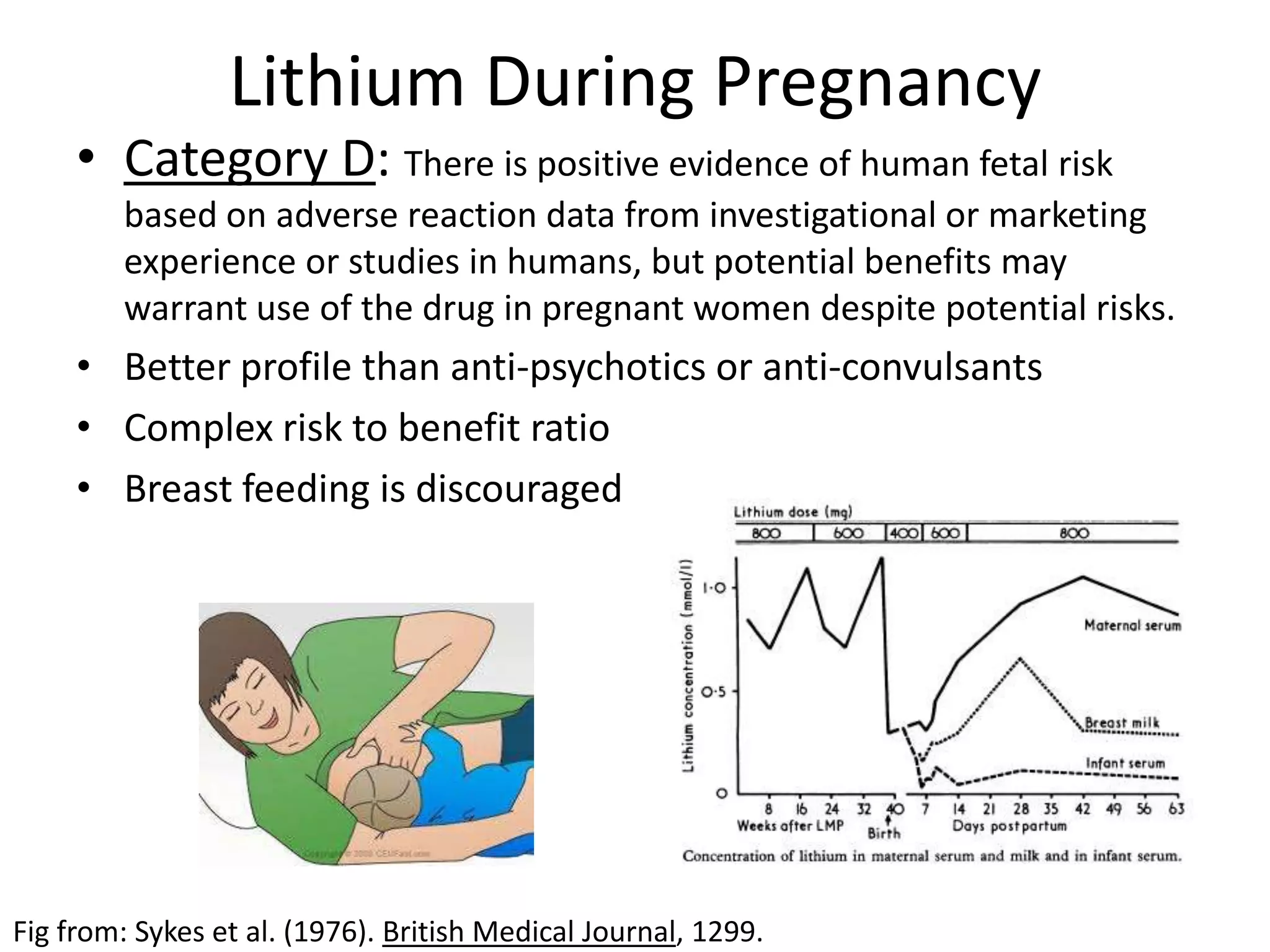 Lithium During Pregnancy
     • Category D: There is positive evidence of human fetal risk
         based on adverse reaction data from investigational or marketing
         experience or studies in humans, but potential benefits may
         warrant use of the drug in pregnant women despite potential risks.
     • Better profile than anti-psychotics or anti-convulsants
     • Complex risk to benefit ratio
     • Breast feeding is discouraged




Fig from: Sykes et al. (1976). British Medical Journal, 1299.
 