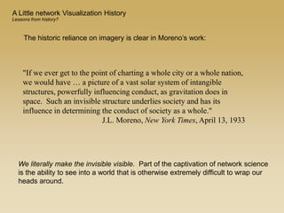The historic reliance on imagery is clear in Moreno’s work:
"If we ever get to the point of charting a whole city or a whole nation,
we would have … a picture of a vast solar system of intangible
structures, powerfully influencing conduct, as gravitation does in
space. Such an invisible structure underlies society and has its
influence in determining the conduct of society as a whole."
J.L. Moreno, New York Times, April 13, 1933
We literally make the invisible visible. Part of the captivation of network science
is the ability to see into a world that is otherwise extremely difficult to wrap our
heads around.
A Little network Visualization History
Lessons from history?
 