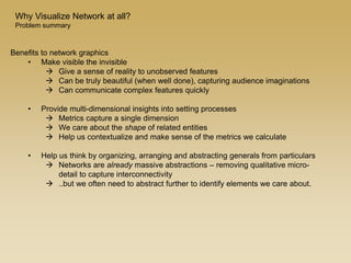 Benefits to network graphics
• Make visible the invisible
 Give a sense of reality to unobserved features
 Can be truly beautiful (when well done), capturing audience imaginations
 Can communicate complex features quickly
• Provide multi-dimensional insights into setting processes
 Metrics capture a single dimension
 We care about the shape of related entities
 Help us contextualize and make sense of the metrics we calculate
• Help us think by organizing, arranging and abstracting generals from particulars
 Networks are already massive abstractions – removing qualitative micro-
detail to capture interconnectivity
 ..but we often need to abstract further to identify elements we care about.
Why Visualize Network at all?
Problem summary
 