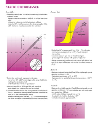 STATIC PERFORMANCE
12
–25
–50
–75
–100
–25–50–75–100
25 50 75 100
25
50
75
100
INPUT CURRENT % RATED
ONE SIDE OF
NO-LOAD FLOW PLOT
CONTROLFLOW%RATED
+10%
–10%
±10%
6%
1.5%
3%
200%NOMINAL
50% NOMINAL
NULL
REGION
• Control ﬂow non-linearity is greatest in null region
• may be from 50% to 200% nominal gain within range of ± 3% elec-
trical input for standard null cut
• can be held to closer limits on special order
• Maximum valve ﬂow to 140% rated ﬂow with oversignal
• spool stops to limit maximum ﬂow can be provided
• Control flow characteristic may change with fluid temperature
• a +100°F temperature rise may cause control ﬂow to increase as
much as 3% due to ﬂuid viscosity effects
• at very high temperatures (over 400°F) a +100°F temperature rise
may cause control ﬂow to decrease by 3% due to magnetic effects
• Blocked load ∆PL
changes rapidly from –Ps to + Ps in null region
• minimum pressure gain will be 0.4 Ps/1.2%iR
for standard
servovalves
• maximum pressure gain may be three times higher
• pressure gain will decrease with spool null edge wear
• Special pressure gain requirements may interact with desired ﬂow
gain at null, spool null leakage, and nominal control port pressures
at null
Hysteresis
• Maximum hysteresis for standard Type 30 Servovalves with normal
operation conditions is < 3%
• hysteresis may increase to 4% at –30°F
• hysteresis limit for special high temperature servovalves (>400°F)
is <4%
Threshold
• Maximum threshold for standard Type 30 Servovalves with normal
operating conditions is <1/2 % (without dither and with supply pres-
sure greater than 1000 psi)
• with Ps below 1000 psi threshold limit is <1%
• threshold limit should be doubled at –30°F
• with dither, threshold approaches 0%
Pressure Gain
NULL
HYSTERESIS
– +
1.2%
INPUT CURRENT
i
40%
PRESSURE
GAIN
MINIMUM
LOAD∆P
–100% Ps
100% Ps
THRESHOLD
Qv
1
/2% 1%
1
/2%
i
Control Flow
• Servovalve control ﬂow to the load is nominally proportional to elec-
trical input current
• standard production acceptance test limits for no-load ﬂow shown
below
• limits do not include servovalve hysteresis or null bias
• limits at ±100% input for maximum ﬂow designs may be +10%,
–20% due to non-linearities caused by ﬂow saturation
 