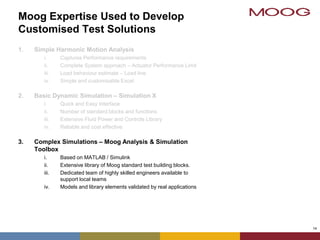 14
1. Simple Harmonic Motion Analysis
i. Captures Performance requirements
ii. Complete System approach – Actuator Performance Limit
iii. Load behaviour estimate – Load line
iv. Simple and customisable Excel
2. Basic Dynamic Simulation – Simulation X
i. Quick and Easy Interface
ii. Number of standard blocks and functions
iii. Extensive Fluid Power and Controls Library
iv. Reliable and cost effective
3. Complex Simulations – Moog Analysis & Simulation
Toolbox
i. Based on MATLAB / Simulink
ii. Extensive library of Moog standard test building blocks.
iii. Dedicated team of highly skilled engineers available to
support local teams
iv. Models and library elements validated by real applications
Moog Expertise Used to Develop
Customised Test Solutions
 