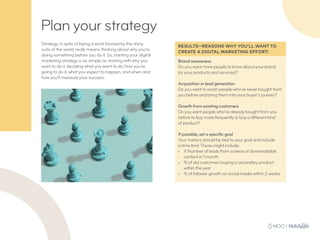 Strategy, in spite of being a word favored by the shiny
suits of the world, really means thinking about why you’re
doing something before you do it. So, starting your digital
marketing strategy is as simple as starting with why you
want to do it, deciding what you want to do, how you’re
going to do it, what you expect to happen, and when and
how you’ll measure your success.
Plan your strategy
RESULTS—REASONS WHY YOU’LL WANT TO
CREATE A DIGITAL MARKETING EFFORT:
Brand awareness
Do you want more people to know about your brand
(or your products and services)?
Acquisition or lead generation
Do you want to reach people who’ve never bought from
you before and bring them into your buyer’s journey?
Growth from existing customers
Do you want people who’ve already bought from you
before to buy more frequently or buy a different kind
of product?
If possible, set a specific goal
Your metrics should be tied to your goal and include
a time limit. These might include:
•	 X Number of leads from a piece of downloadable
content in 1 month
•	 % of old customers buying a secondary product
within the year
•	 % of follower growth on social media within 2 weeks
 