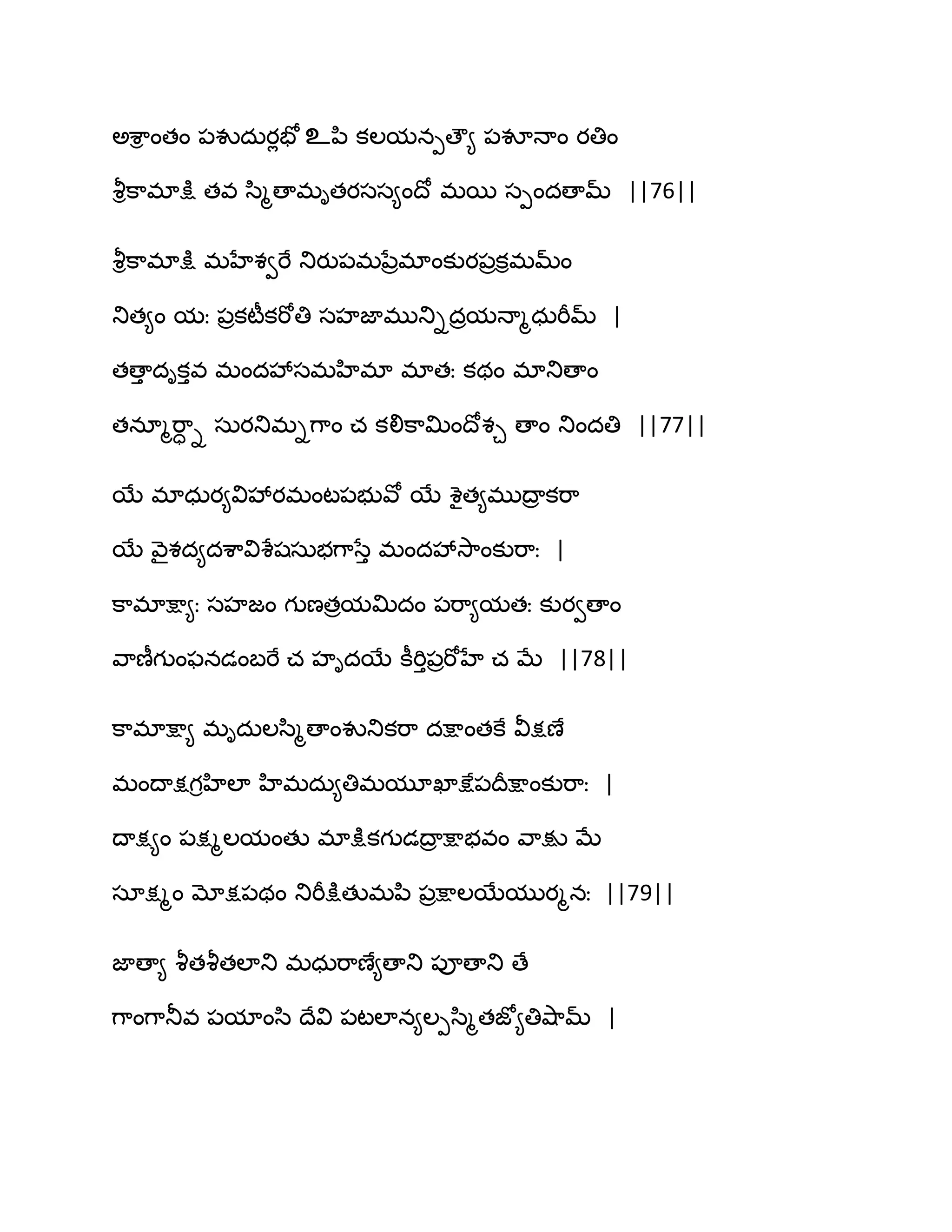 ఄశ఺ి ంతం ఩వుదఽయేపో உన఻ కఱమనీణౌ౅ ఩వూధాం యతిం
వౄిక఺భాక్షు తవ స఻ౄణాభితయసస౅ంథో భబ సీందణామ్ ||76||
వౄిక఺భాక్షు భహేశవభే తుయు఩భనేరభాంకుయ఩రకిభమ్ం
తుత౅ం మః ఩రకటీకభోతి సహజాభుతుిదరమధాౄధఽభీమ్ |
తణాు దికువ భందవేసభహిభా భాతః కథం భాతుణాం
తనాౄభ఺ా ి సఽయతుభిగ఺ం చ కలిక఺త౉ంథోశచ ణాం తుందతి ||77||
బే భాధఽయ౅వివేయభంట఩బువో బే శైత౅భుథార కభ఺
బే వ౅ైశద౅దశ఺విశేషసఽబగ఺సేు భందవేవె఺ంకుభ఺ః |
క఺భాక్షా౅ః సహజం గుణతరమత౉దం ఩భ఺౅మతః కుయవణాం
వ఺ణీగుంపనడంఫభే చ హిదబే కీభిు఩రభోహే చ ఫే ||78||
క఺భాక్షా౅ భిదఽఱస఻ౄణాంవుతుకభ఺ దక్షాంతకే వీక్షణే
భంథాక్షగిహిఱా హిభదఽ౅తిభమూఖాక్షే఩థరక్షాంకుభ఺ః |
థాక్ష౅ం ఩క్షౄఱమంతు భాక్షుకగుడథార క్షాబవం వ఺క్షు ఫే
సాక్షౄం మోక్ష఩థం తుభీక్షుతుభన఻ ఩రక్షాఱబేముయౄనః ||79||
జాణా౅ వౄతవౄతఱాతు భధఽభ఺ణే౅ణాతు ఩ూణాతు ణే
గ఺ంగ఺తూవ ఩మాంస఻ థేవి ఩టఱాన౅ఱీస఻ౄతజో౅తివ౅఺మ్ |
 