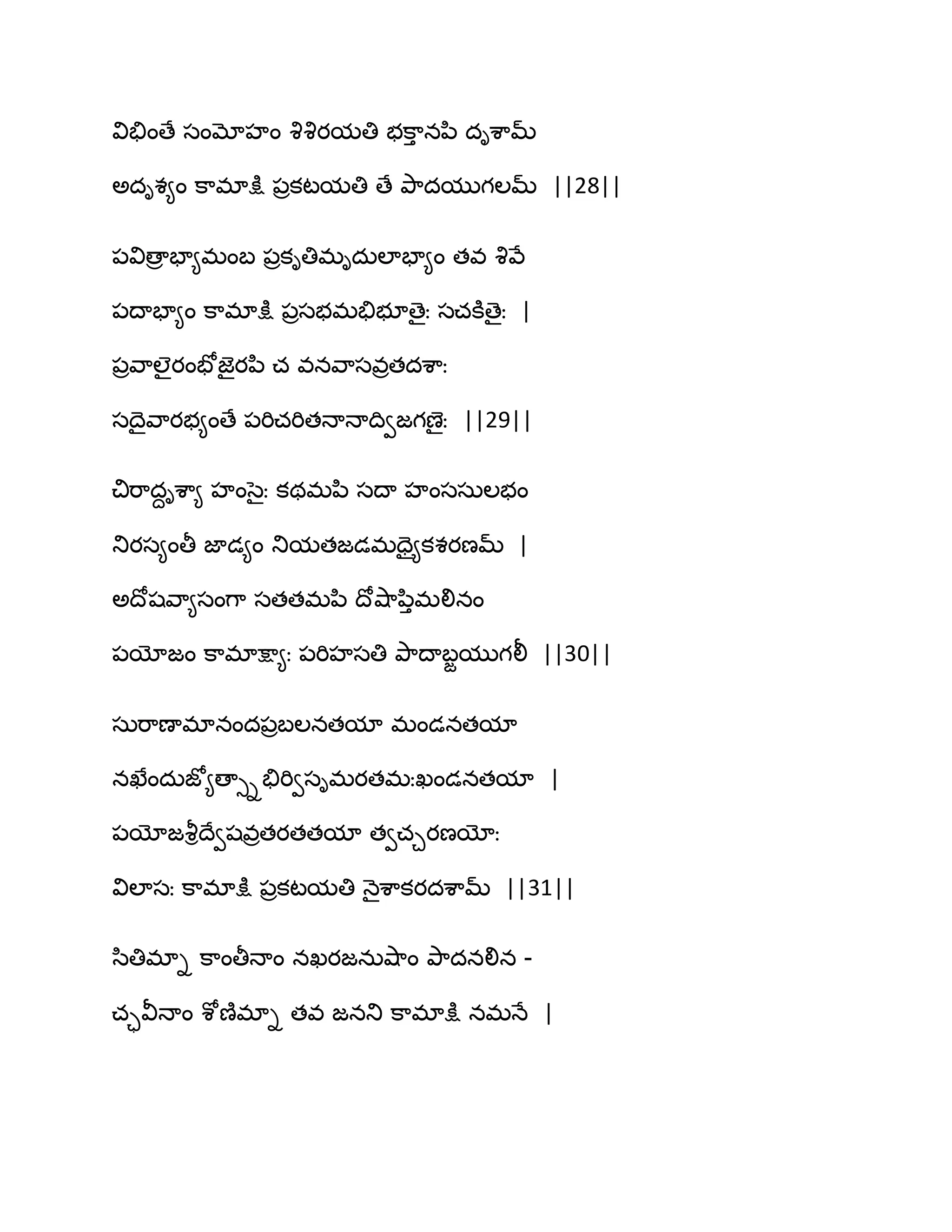 వితేంణే సంమోహం వృవృయమతి బక఺ు నన఻ దిశ఺మ్
ఄదిశ౅ం క఺భాక్షు ఩రకటమతి ణే తృ఺దముగఱమ్ ||28||
఩విణార పా౅భంఫ ఩రకితిభిదఽఱాపా౅ం తవ వృవే
఩థాపా౅ం క఺భాక్షు ఩రసబభతేబూణైః సచకూణైః |
఩రవ఺ఱైయంపోజెైయన఻ చ వనవ఺సవరతదశ఺ః
సథైవ఺యబ౅ంణే ఩భిచభితధాధాథివజగణైః ||29||
చిభ఺దదిశ఺౅ హంసైః కథభన఻ సథా హంససఽఱబం
తుయస౅ంతీ జాడ౅ం తుమతజడభదై౅కశయణమ్ |
ఄథోషవ఺౅సంగ఺ సతతభన఻ థోవ౅఺న఻ుభలినం
఩యోజం క఺భాక్షా౅ః ఩భిహసతి తృ఺థాఫజముగలీ ||30||
సఽభ఺ణాభానంద఩రఫఱనతమా భండనతమా
నఖేందఽజో౅ణాుితేభివసిభయతభఃఖండనతమా |
఩యోజవౄిథేవషవరతయతతమా తవచచయణయోః
విఱాసః క఺భాక్షు ఩రకటమతి ధ౅ైశ఺కయదశ఺మ్ ||31||
స఻తిభాి క఺ంతీధాం నఖయజనఽవ౅఺ం తృ఺దనలిన -
చావీధాం శోణ౅భాి తవ జనతు క఺భాక్షు నభధే |
 