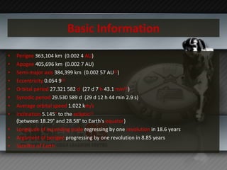 Basic Information Perigee  363,104 km  (0.002 4  AU )  Apogee  405,696 km  (0.002 7 AU)  Semi-major axis  384,399 km  (0.002 57 AU [1] )  Eccentricity  0.054 9 [1]   Orbital period  27.321 582  d   (27 d 7  h  43.1  min [1] )  Synodic period  29.530 589 d  (29 d 12 h 44 min 2.9 s)  Average orbital speed  1.022 k m/s   Inclination  5.145 °  to the  ecliptic [1] (between 18.29° and 28.58° to Earth's  equator )  Longitude of ascending node  regressing by one  revolution  in 18.6 years  Argument of perigee  progressing by one revolution in 8.85 years Satellite of   Earth 