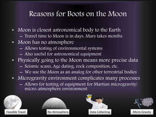 Reasons for Boots on the Moon
• Moon is closest astronomical body to the Earth
– Travel time to Moon is in days, Mars takes months
• Moon has no atmosphere
– Allows testing of environmental systems
– Also useful for astronomical equipment
• Physically going to the Moon means more precise data
– Seismic scans, Age dating, rock composition, etc.
– We use the Moon as an analog for other terrestrial bodies
• Microgravity environment complicates many processes
– Allows for testing of equipment for Martian microgravity/
micro-atmosphere environment
Feasible Travel No Atmosphere Data Collecting Micro-Gravity
Woo!
 