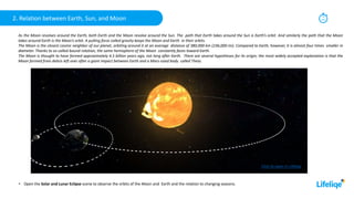 2. Relation between Earth, Sun, and Moon 15
min
As the Moon revolves around the Earth, both Earth and the Moon revolve around the Sun. The path that Earth takes around the Sun is Earth’s orbit. And similarly the path that the Moon
takes around Earth is the Moon’s orbit. A pulling force called gravity keeps the Moon and Earth in their orbits.
The Moon is the closest cosmic neighbor of our planet, orbiting around it at an average distance of 380,000 km (236,000 mi). Compared to Earth, however, it is almost four times smaller in
diameter. Thanks to so-called bound rotation, the same hemisphere of the Moon constantly faces toward Earth.
The Moon is thought to have formed approximately 4.5 billion years ago, not long after Earth. There are several hypotheses for its origin; the most widely accepted explanation is that the
Moon formed from debris left over after a giant impact between Earth and a Mars-sized body called Theia.
• Open the Solar and Lunar Eclipse scene to observe the orbits of the Moon and Earth and the relation to changing seasons.
Click to open in Lifeliqe
 