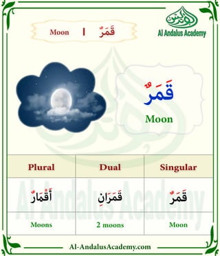 Al-AndalusAcademy.com
Singular
Singular
Dual
Dual
Plural
Plural
|
|
ٌ‫ر‬َ‫م‬َ‫ق‬
ِ‫ان‬َ‫ر‬َ‫م‬َ‫ق‬
ٌ‫ر‬ َ
‫اَم‬ْ‫ق‬َ‫أ‬
Moon
2 moons
Moons
ٌ‫ر‬َ‫م‬َ‫ق‬
Moon
Moon
Moon ٌ‫ر‬َ‫م‬َ‫ق‬
ٌ‫ر‬َ‫م‬َ‫ق‬
 
