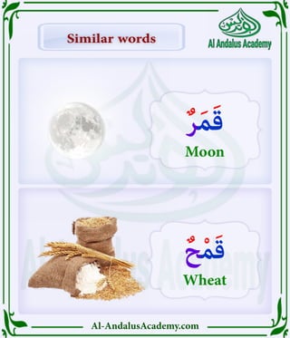 Al-AndalusAcademy.com
ٌ‫ر‬َ‫م‬َ‫ق‬
Moon
ٌ‫ح‬ْ‫م‬َ‫ق‬
Wheat
Similar words
Similar words
 