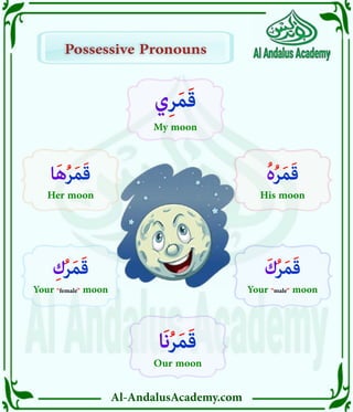 Al-AndalusAcademy.com
Possessive Pronouns
Possessive Pronouns
‫َا‬‫ن‬ُ‫ر‬َ‫م‬َ‫ق‬
Our moon
ُ‫ە‬ُ‫ر‬َ‫م‬َ‫ق‬
His moon
‫ا‬َ‫ه‬ُ‫ر‬َ‫م‬َ‫ق‬
Her moon
َ‫ك‬ُ‫ر‬َ‫م‬َ‫ق‬
Your “male” moon
ِ‫ك‬ُ‫ر‬َ‫م‬َ‫ق‬
Your “female” moon
‫ي‬ِ‫ر‬َ‫م‬َ‫ق‬
My moon
 