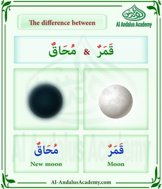 Al-AndalusAcademy.com
The difference between
The difference between
ٌ
‫اق‬َ‫ح‬ُ‫م‬ & ٌ‫ر‬َ‫م‬َ‫ق‬
ٌ
‫اق‬َ‫ح‬ُ‫م‬
New moon
ٌ‫ر‬َ‫م‬َ‫ق‬
Moon
 