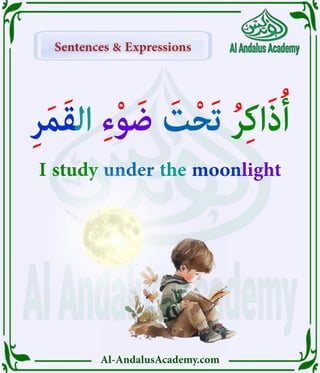 Al-AndalusAcademy.com
Sentences & Expressions
Sentences & Expressions
ِ‫ر‬َ‫م‬َ‫ق‬‫ال‬ ِ‫ء‬ْ‫و‬ َ‫ض‬ َ‫ت‬ْ‫ح‬َ‫ت‬ ُ‫ر‬ِ‫ك‬‫ا‬َ‫ذ‬ُ‫أ‬
I study under the moonlight
 