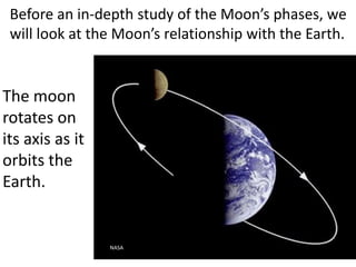 Before an in-depth study of the Moon’s phases, we
 will look at the Moon’s relationship with the Earth.


The moon
rotates on
its axis as it
orbits the
Earth.


                 NASA
 