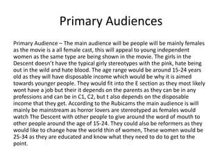Primary Audiences
Primary Audience – The main audience will be people will be mainly females
as the movie is a all female cast, this will appeal to young independent
women as the same type are being shown in the movie. The girls in the
Descent doesn’t have the typical girly stereotypes with the pink, hate being
out in the wild and hate blood. The age range would be around 15-24 years
old as they will have disposable income which would be why it is aimed
towards younger people. They would fit into the E section as they most likely
wont have a job but their it depends on the parents as they can be in any
professions and can be in C1, C2, but t also depends on the disposable
income that they get. According to the Rubicams the main audience is will
mainly be mainstream as horror lovers are stereotyped as females would
watch The Descent with other people to give around the word of mouth to
other people around the age of 15-24. They could also be reformers as they
would like to change how the world thin of women, These women would be
25-34 as they are educated and know what they need to do to get to the
point.
 