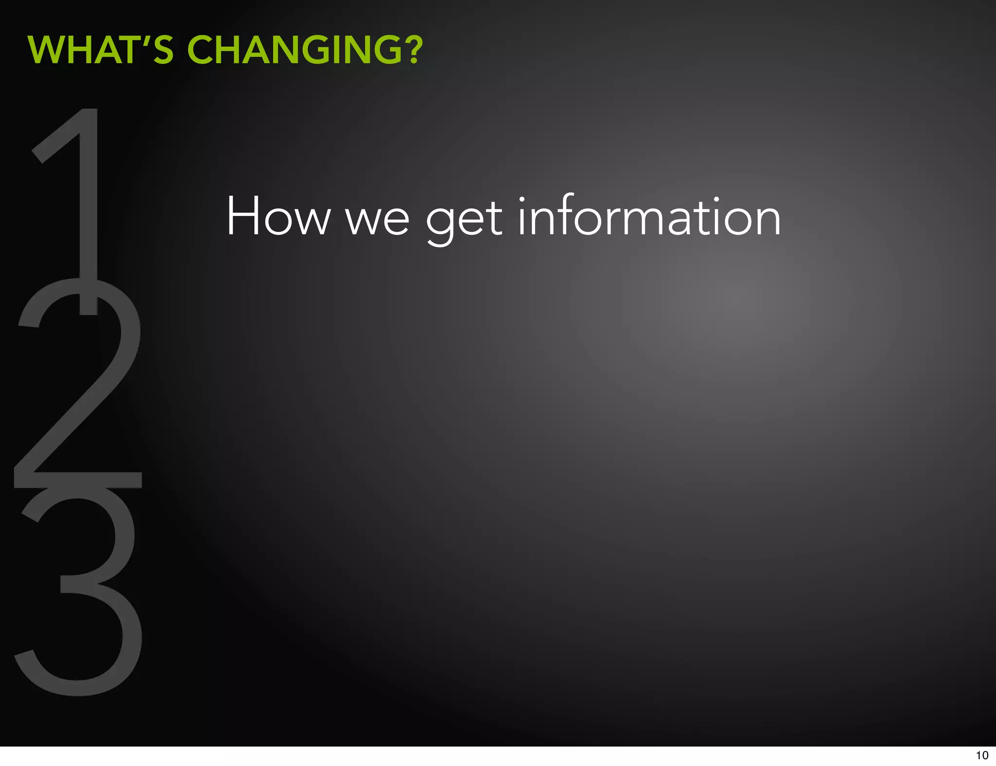 WHAT’S CHANGING?




1      How we get information



2
3                               10
 