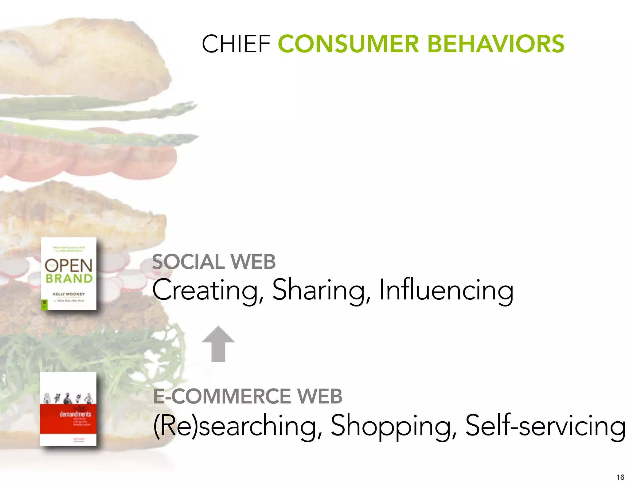 CHIEF CONSUMER BEHAVIORS




SOCIAL WEB
Creating, Sharing, Influencing


E-COMMERCE WEB
(Re)searching, Shopping, Self-servicing
                                      16
 