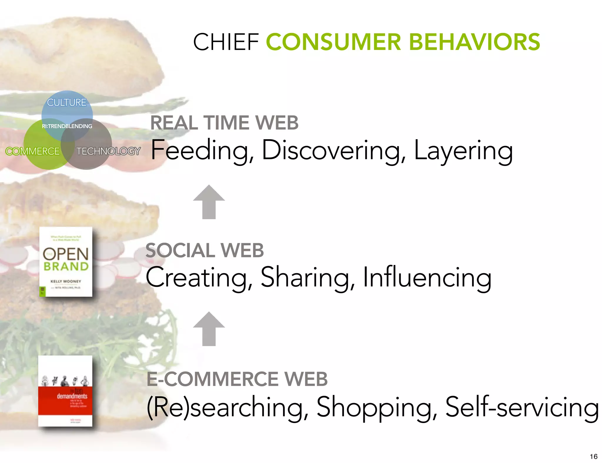 CHIEF CONSUMER BEHAVIORS

      CULTURE

     RI:TRENDBLENDING       REAL TIME WEB
COMMERCE       TECHNOLOGY   Feeding, Discovering, Layering


                            SOCIAL WEB
                            Creating, Sharing, Influencing


                            E-COMMERCE WEB
                            (Re)searching, Shopping, Self-servicing
                                                                  16
 