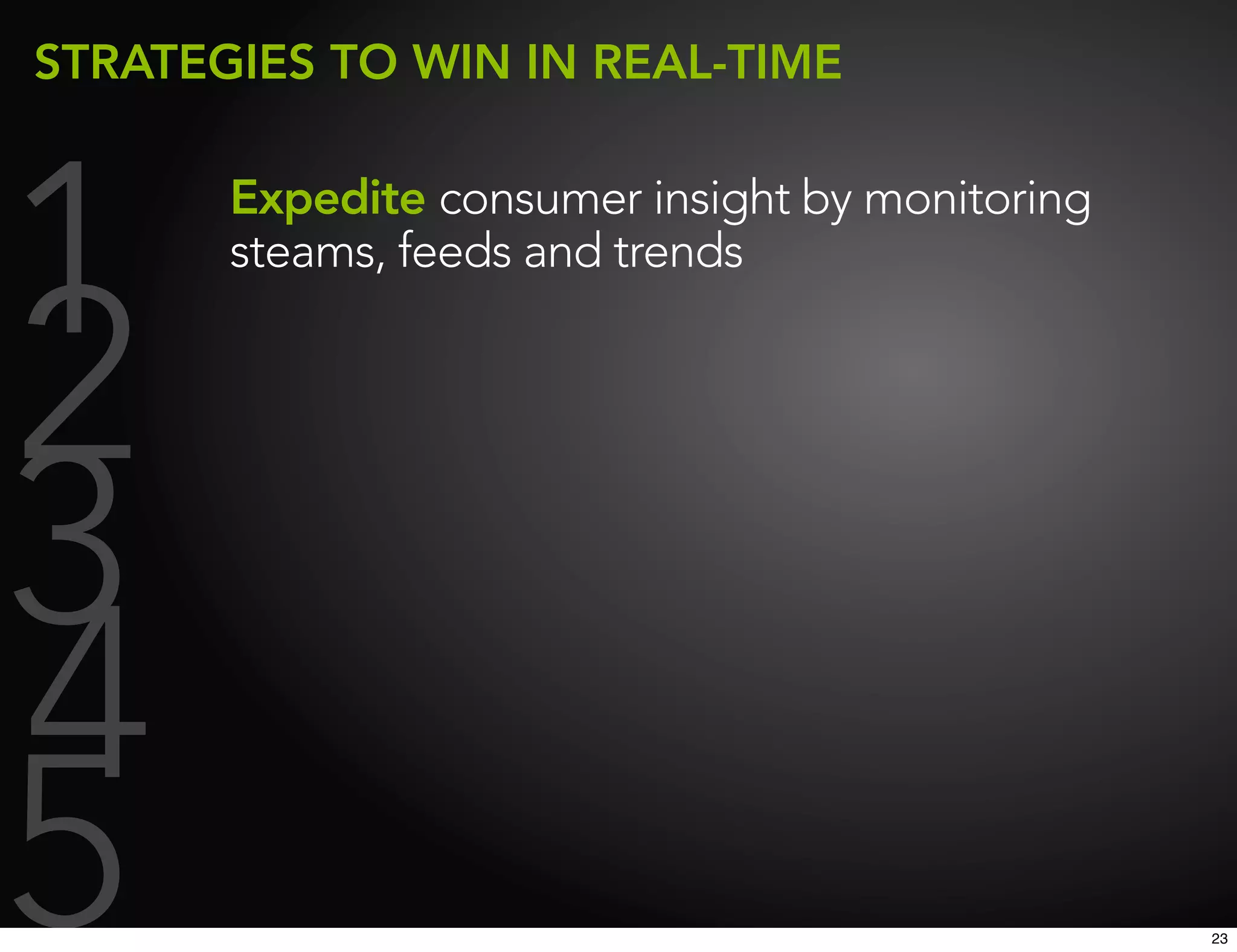 STRATEGIES TO WIN IN REAL-TIME




1      Expedite consumer insight by monitoring
       steams, feeds and trends


2
3
4
5                                                23
 