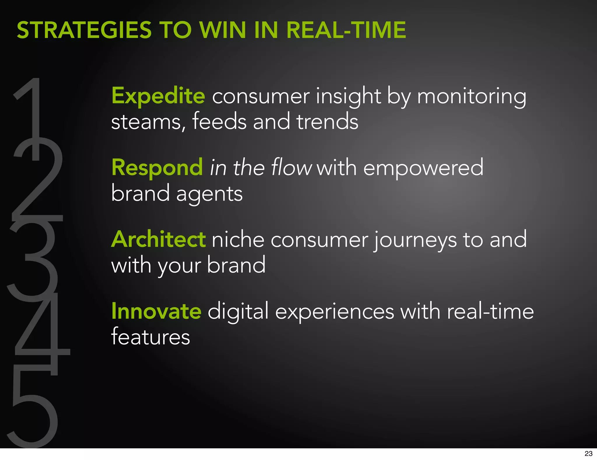 STRATEGIES TO WIN IN REAL-TIME




1      Expedite consumer insight by monitoring
       steams, feeds and trends


2      Respond in the flow with empowered
       brand agents



3      Architect niche consumer journeys to and
       with your brand



4      Innovate digital experiences with real-time
       features



5                                                    23
 