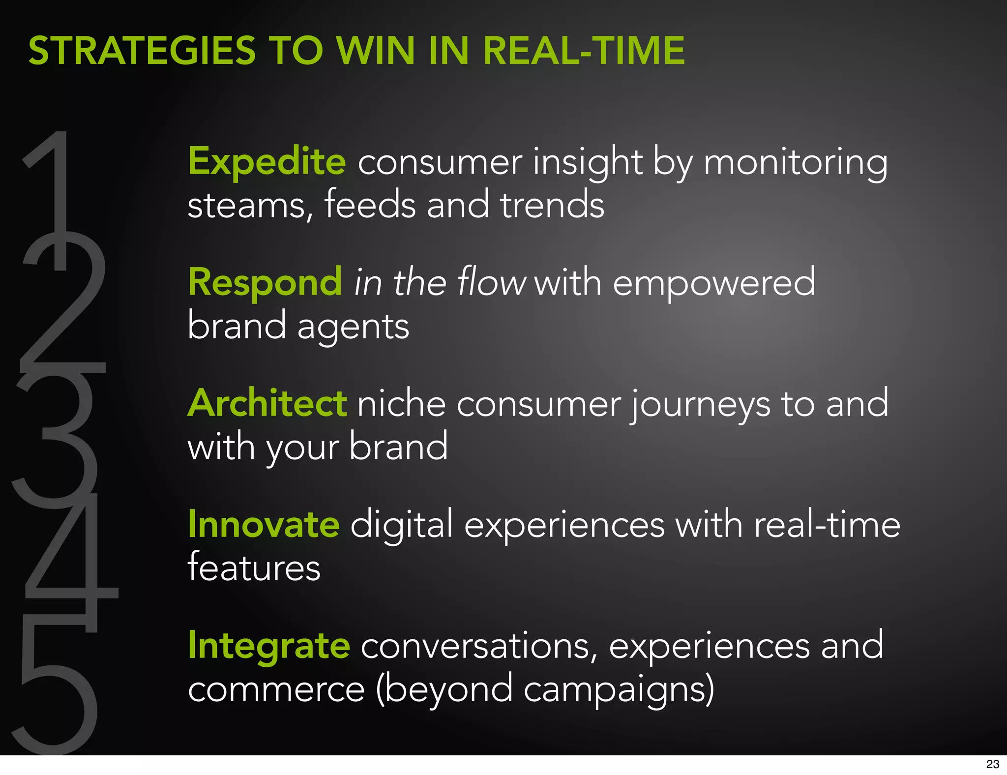 STRATEGIES TO WIN IN REAL-TIME




1      Expedite consumer insight by monitoring
       steams, feeds and trends


2      Respond in the flow with empowered
       brand agents



3      Architect niche consumer journeys to and
       with your brand



4      Innovate digital experiences with real-time
       features



5      Integrate conversations, experiences and
       commerce (beyond campaigns)
                                                     23
 
