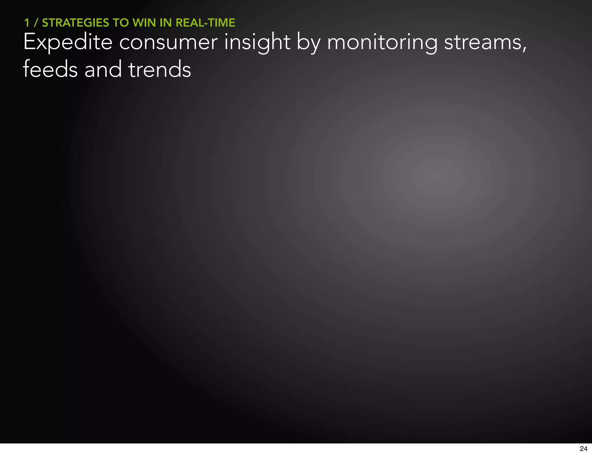 1 / STRATEGIES TO WIN IN REAL-TIME
Expedite consumer insight by monitoring streams,
feeds and trends




                                                   24
 