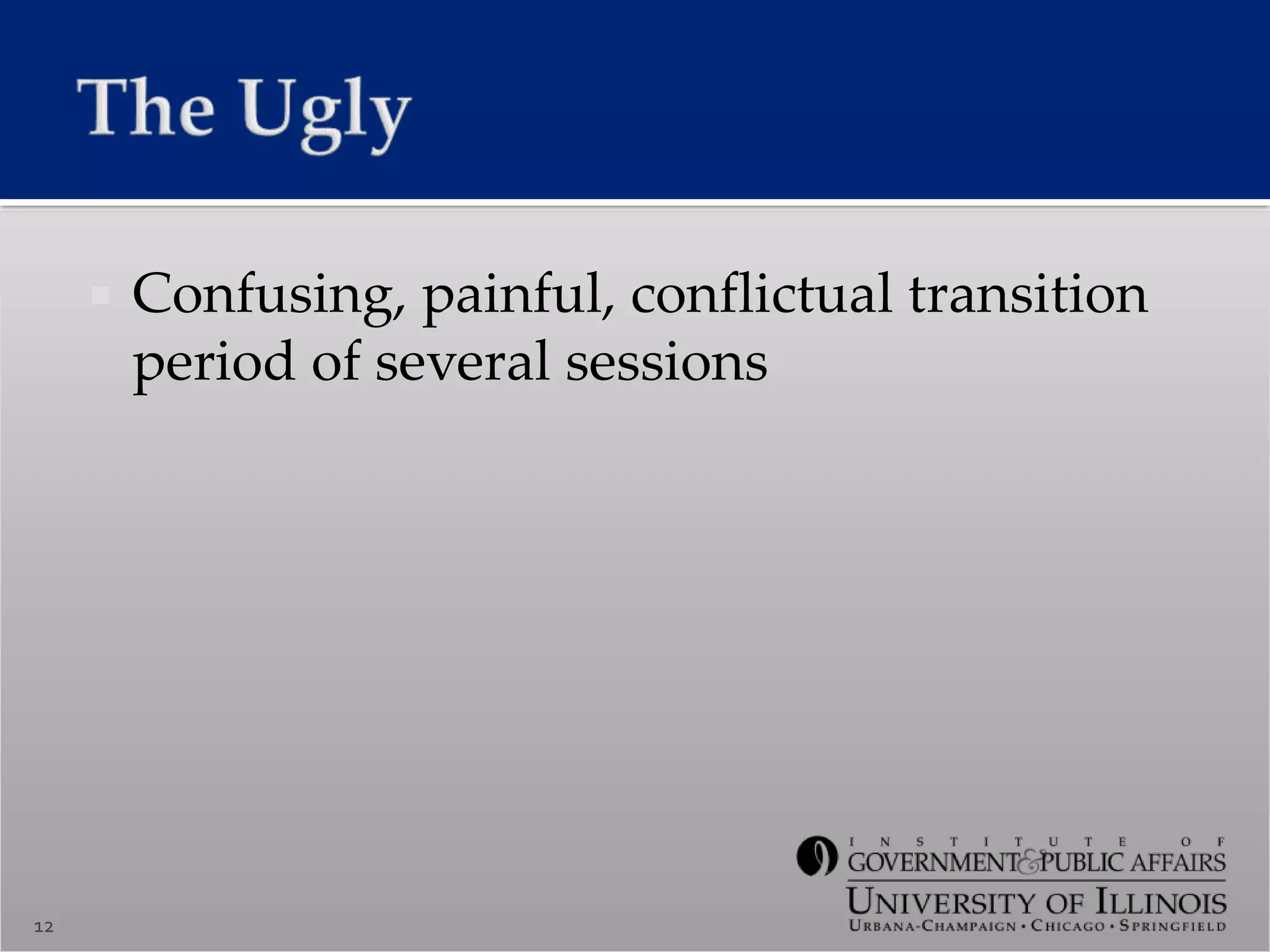  Confusing, painful, conflictual transition
period of several sessions
12
 