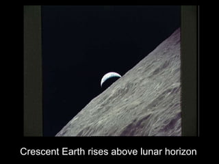 Crescent Earth rises above lunar horizon  