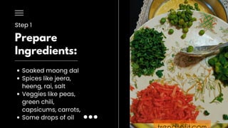 Prepare
Ingredients:
Soaked moong dal
Spices like jeera,
heeng, rai, salt
Veggies like peas,
green chili,
capsicums, carro...